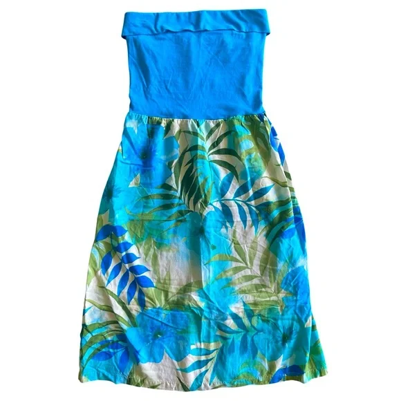 Puanani Vintage Hawaiian Strapless Teal Hibiscus Leaves Vacation Dress Size XS - Picture 1 of 7